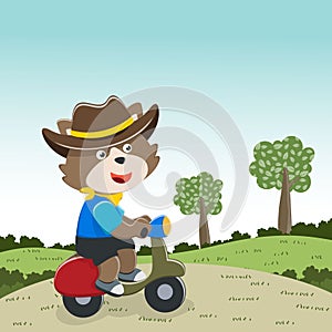 Cute bear Riding Scooter Cartoon Vector Icon Illustration. Can be used for t-shirt printing, children wear fashion designs, baby