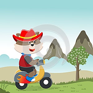 Cute bear Riding Scooter Cartoon Vector Icon Illustration. Can be used for t-shirt printing, children wear fashion designs, baby