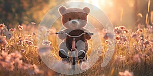A Cute Bear Riding a Tiny Bicycle Through the Forest for Fun Whimsy and AnimalThemed Design Projects photo