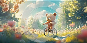 A Cute Bear Riding a Tiny Bicycle Through the Forest for Fun Whimsy and AnimalThemed Design Projects photo