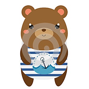 Cute bear in sailor t-shirt. Children style, isolated design element, vector. Cartoon kawaii animal character