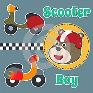 Cute bear and Scooter Cartoon Vector Icon Illustration. Can be used for t-shirt printing, children wear fashion designs, baby