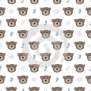 Cute bear Seamless pattern. Cartoon Animals in forest background. Vector illustration