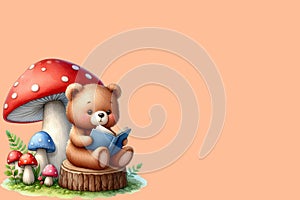 cute bear sits and reads a book on the back of a mushroom peach fuzz color background