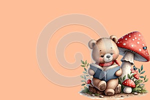 cute bear sits and reads a book on the back of a mushroom peach fuzz color background