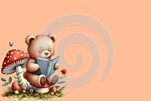 cute bear sits and reads a book on the back of a mushroom peach fuzz color background