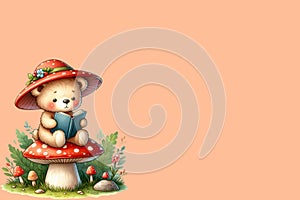cute bear sits and reads a book on the back of a mushroom peach fuzz color background