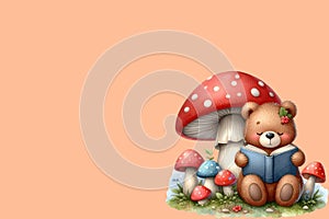 cute bear sits and reads a book on the back of a mushroom peach fuzz color background