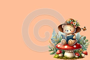 cute bear sits and reads a book on the back of a mushroom peach fuzz color background