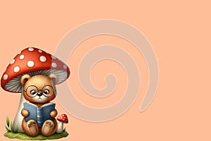 cute bear sits and reads a book on the back of a mushroom peach fuzz color background