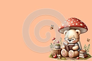 cute bear sits and reads a book on the back of a mushroom peach fuzz color background