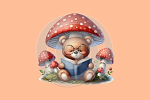 cute bear sits and reads a book on the back of a mushroom peach fuzz color background