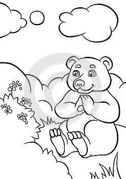 Cute bear sitting and looking at berry in the forest