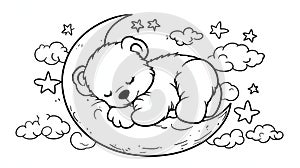 Cute Sleeping Bear on Moon with Stars, Night Dream