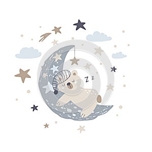 Cute bear sleeping on the moon. Vector Illustration