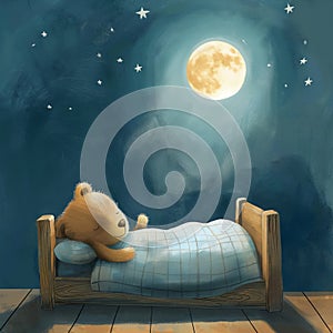 A cute bear sleeps in bed, children's book illustration. Restful sleep. Baby Teddy sleeps. Good night