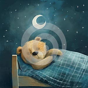A cute bear sleeps in bed, children\'s book illustration. Restful sleep. Baby Teddy sleeps. Good night