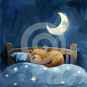 A cute bear sleeps in bed, children\'s book illustration. Restful sleep. Baby Teddy sleeps. Good night!