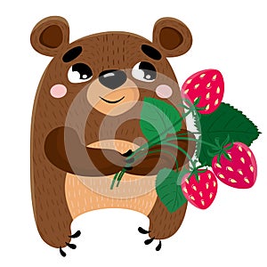 Cute bear with a strawberry bouquet isolated on the white background.