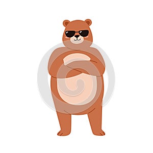 Cute bear in sunglasses. Funny cool teddy portrait. Sweet baby animal in sun glasses standing with arms crossed and photo