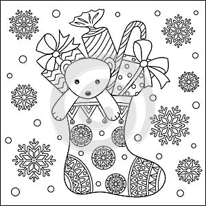 Cute bear teddy and gifts in sock coloring page