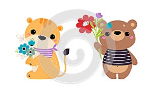 Cute Bear and Tiger Animal Holding Flower on Stalk with Paws Vector Illustration Set