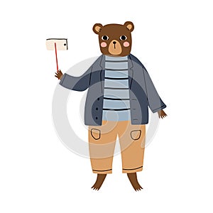 Cute Bear Tourist Making Selfie with Smartphone, Funny Humanized Animal Cartoon Character on Vacation Vector