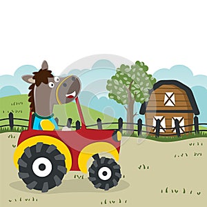 Cute bear and tractor in the farm, funny animal cartoon, Can be used for t-shirt print, kids wear fashion design, invitation card photo