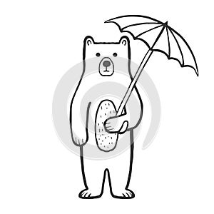 Cute bear with umbrella outline coloring page for kids. Doodle, sketch cartoon character of a bear. photo