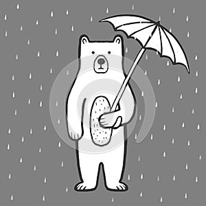 Cute bear with umbrella. Rain. Childish illustration. Cartoon character of a bear. Hand drawn children\'s print, photo
