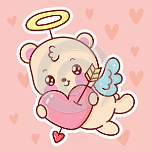 Cute bear vector cupid cartoon hug heart fly on sky pastel background Valentines day