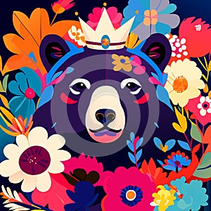 Cute bear wearing a crown in a flower garden