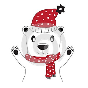 A cute bear wearing a red hat and scarf