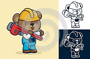 Cute bear wearing worker costume shouldering big wrench. Vector cartoon illustration in flat icon style