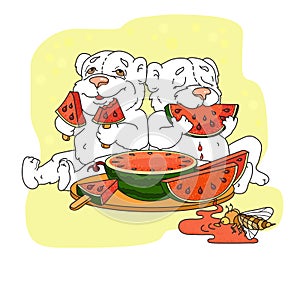 Cute bears eating a slice of watermelon. Vector illustration