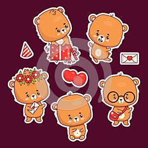 Cute bears sticker set. Teddy in gift box, joyful and smart bear cub in glasses and girl in flower wreath. Isolated