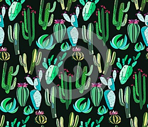 Cute beautiful abstract lovely mexican tropical floral herbal green set of a cactus paint like child pattern on dark background ve