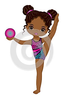 Cute Beautiful African American Performing Rhythmic Gymnastics. Vector Black Gymnast