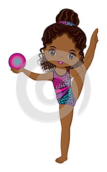 Cute Beautiful African American Performing Rhythmic Gymnastics. Vector Black Gymnast