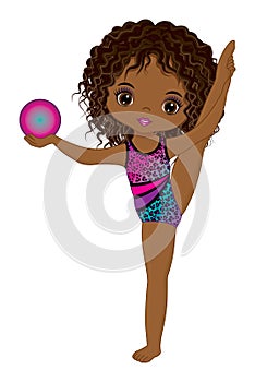 Cute Beautiful African American Performing Rhythmic Gymnastics. Vector Black Gymnast