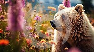 Cute, beautiful bear in a field with flowers in nature, in sunny pink rays. Environmental protection, nature pollution