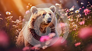 Cute, beautiful bear in a field with flowers in nature, in sunny pink rays. Environmental protection, nature pollution