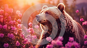 Cute, beautiful bear in a field with flowers in nature, in sunny pink rays. Environmental protection, nature pollution