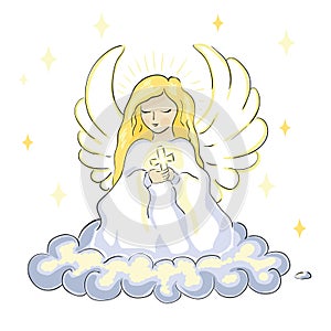 Cute beautiful blonde angel woman praying sitting on a cloud and holding a cross