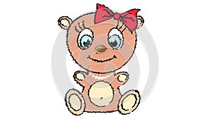 A cute, beautiful, brown bear girl with a big head and blue eyes in a bow and pearl necklace on a white background painted with sc