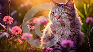 Cute, beautiful cat in a field with flowers in nature, in sunny pink rays.