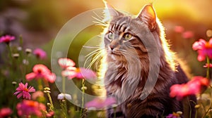 Cute, beautiful cat in a field with flowers in nature, in sunny pink rays.