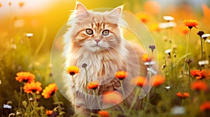 Cute, beautiful cat in a field with flowers in nature, in sunny pink rays.