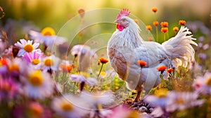 Cute, beautiful chicken in a field with flowers in nature, in the sun& x27;s rays.