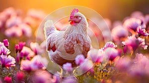 Cute, beautiful chicken in a field with flowers in nature, in the sun& x27;s rays.